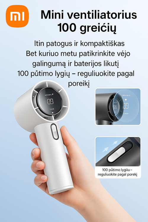 Xiaomi Ultra Mini USB ventiliatorius su LED ekranu – tylus, 100 greičių, įkraunamas